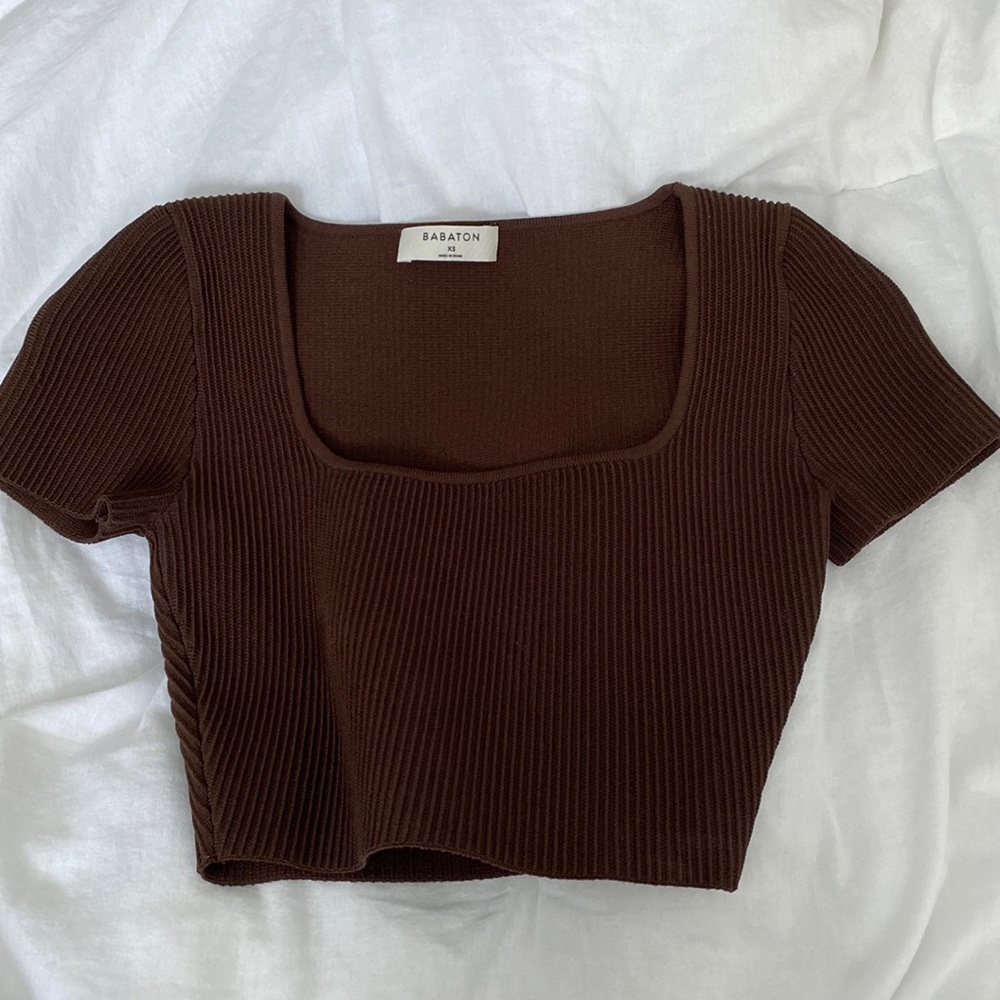 Babaton Ribbed Square-Neck Crop Top in Dark Brown